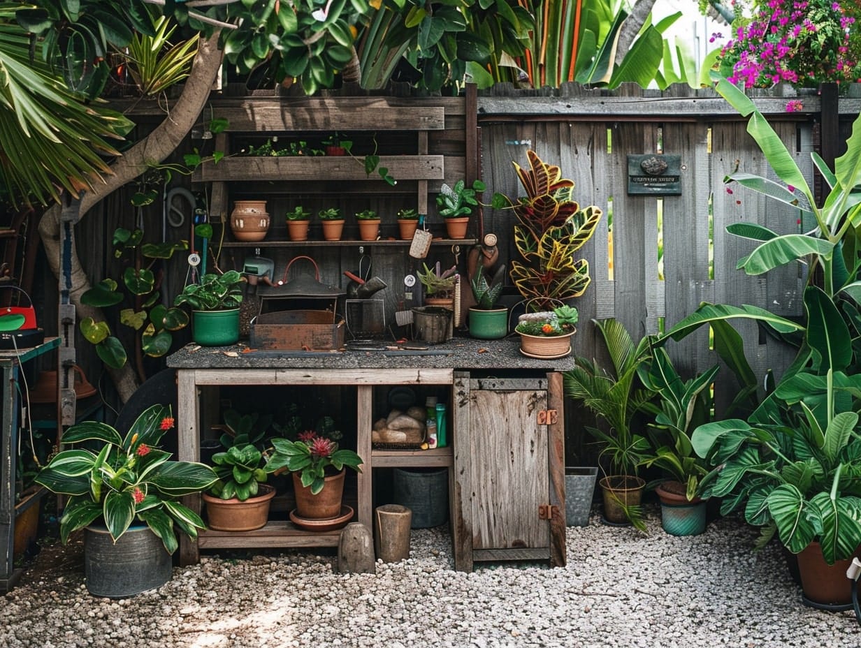 A gardening station in the backyard garden