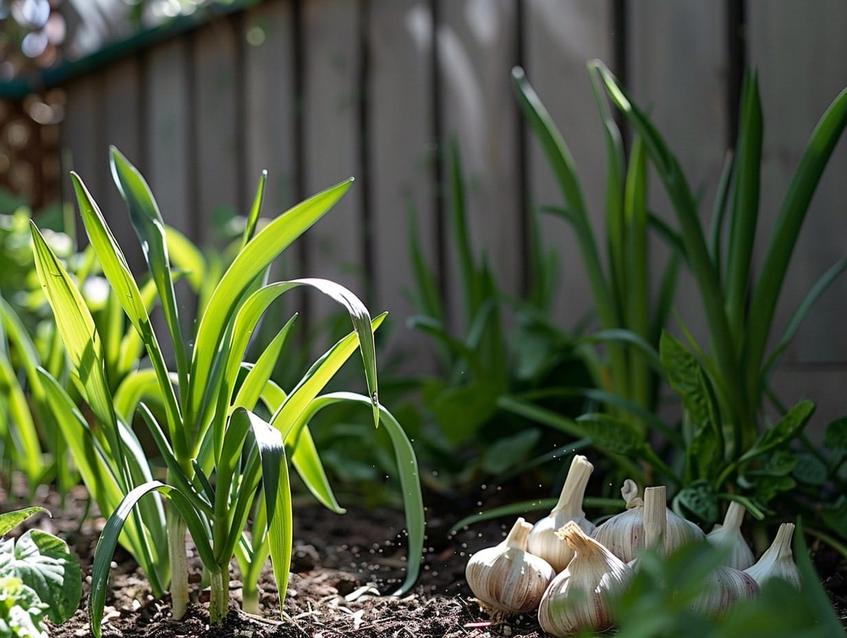 Garlic bulbs in a garden