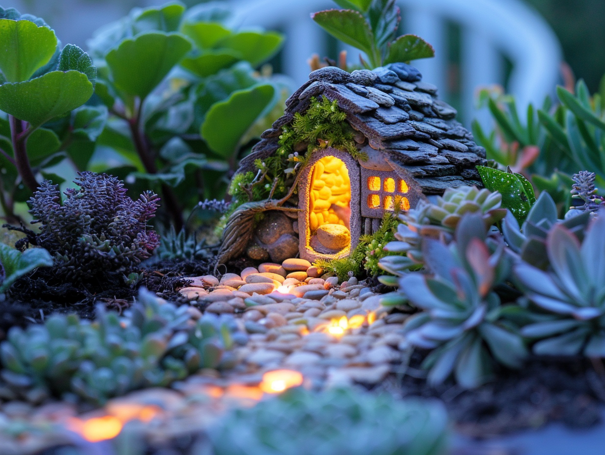 A fairy home with a path illuminated with glow-in-the-dark pebbles