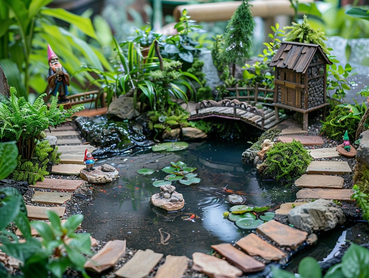 A gnome-themed fairy garden setup