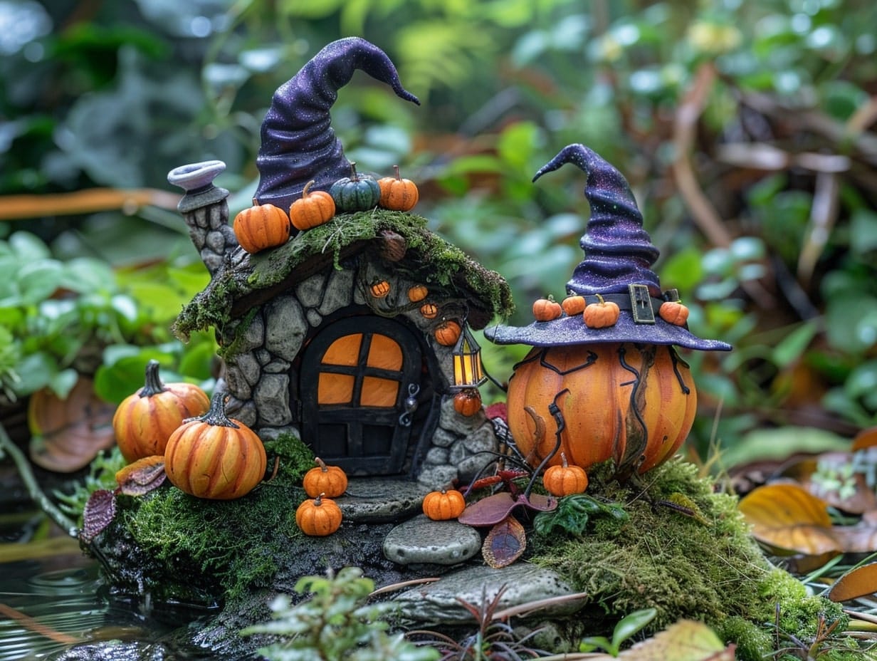 A fairy garden with miniature pumpkins and witch hats