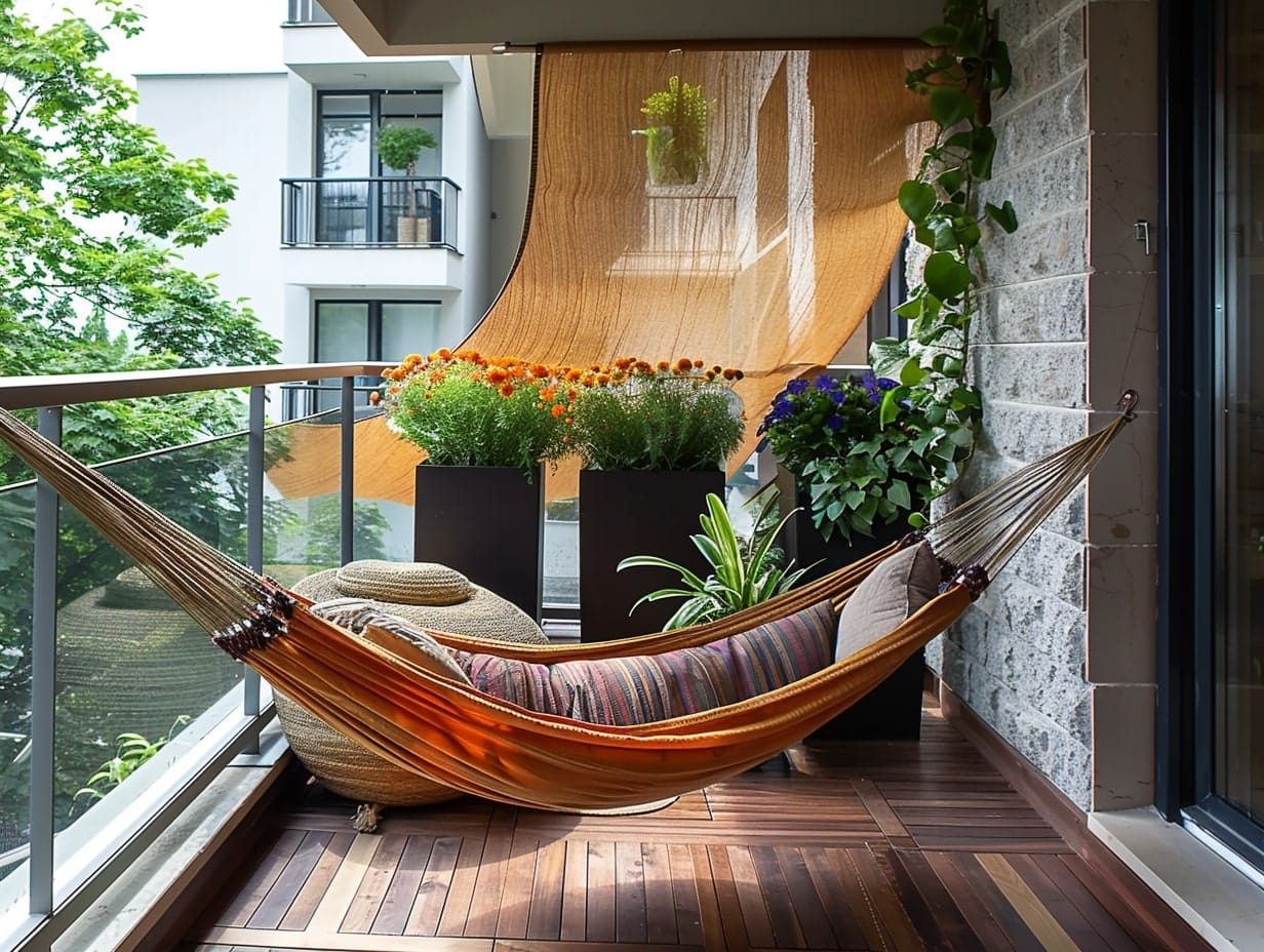 A hammock hanging from one corner of a small balcony to another
