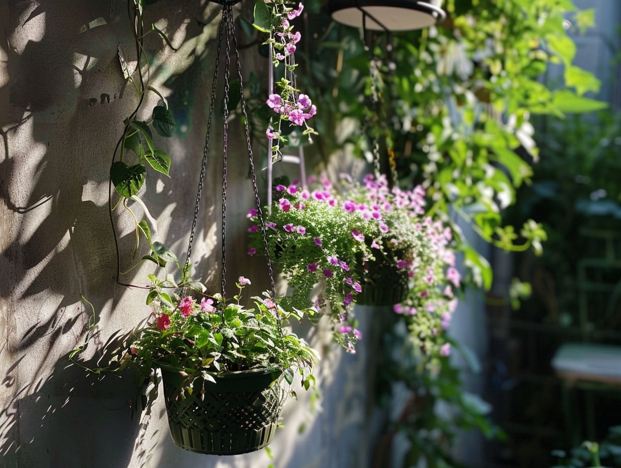 A hanging garden with different plants and flower arrangements