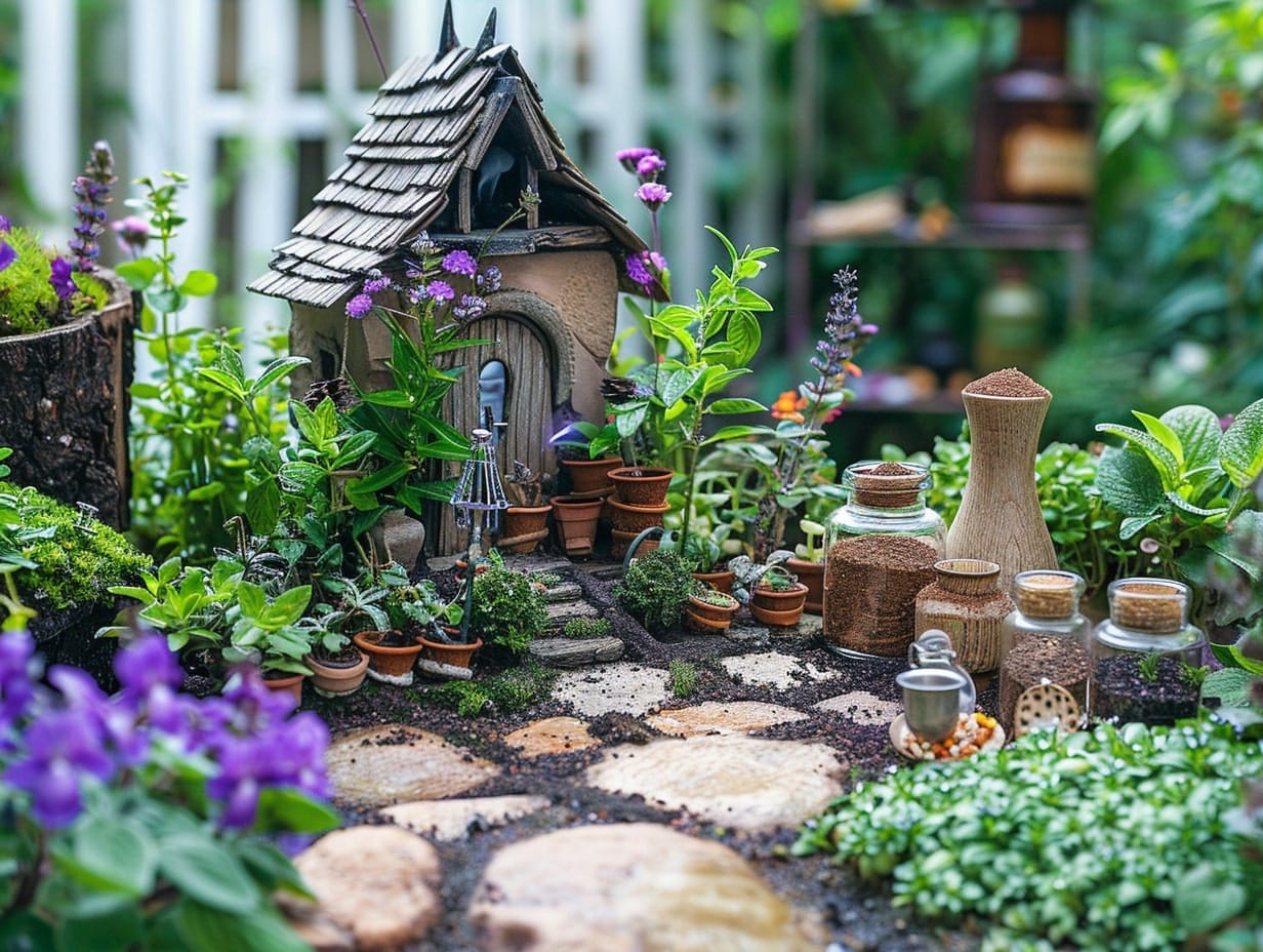 A miniature herb garden with a fairy house and potion bottles