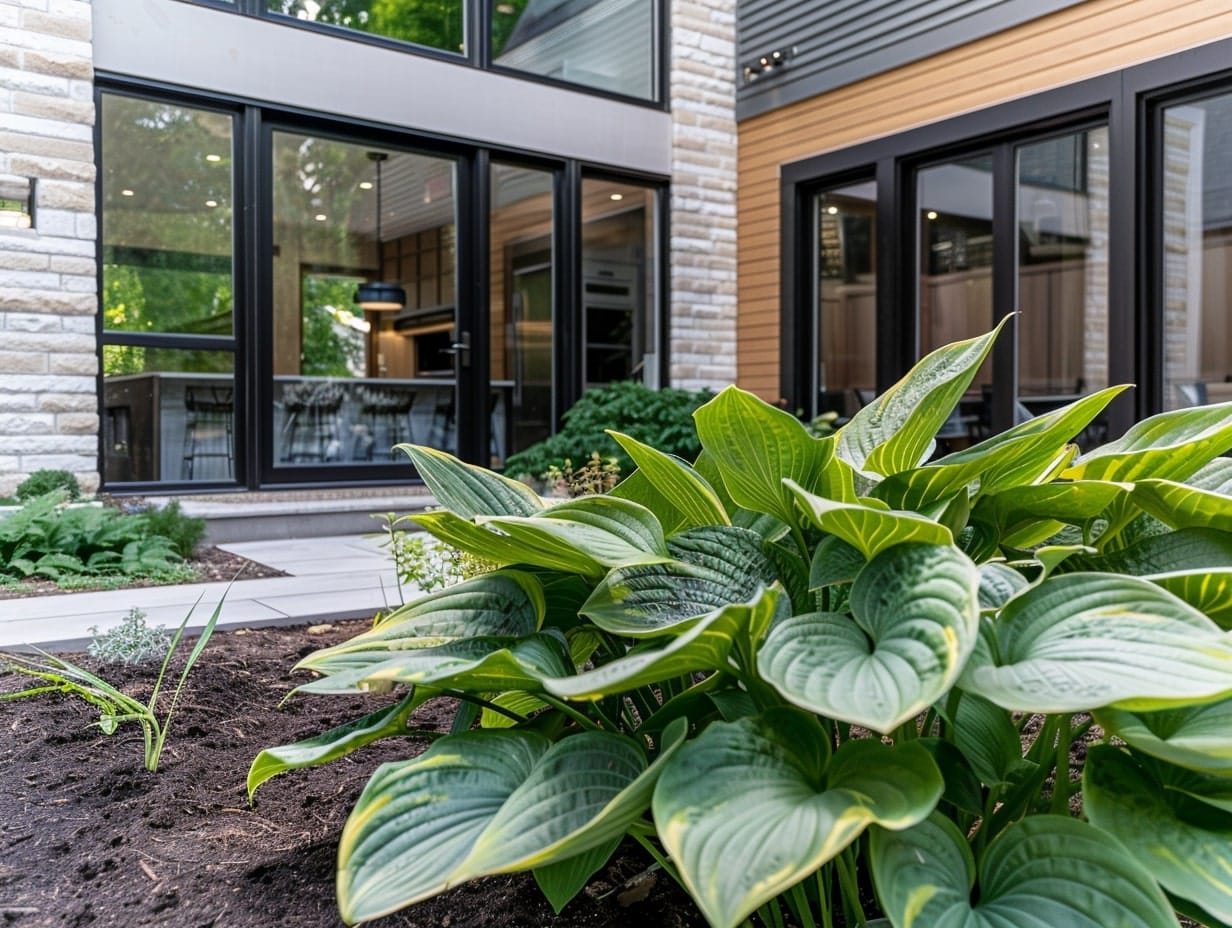 Hostas plants growing in a backyard