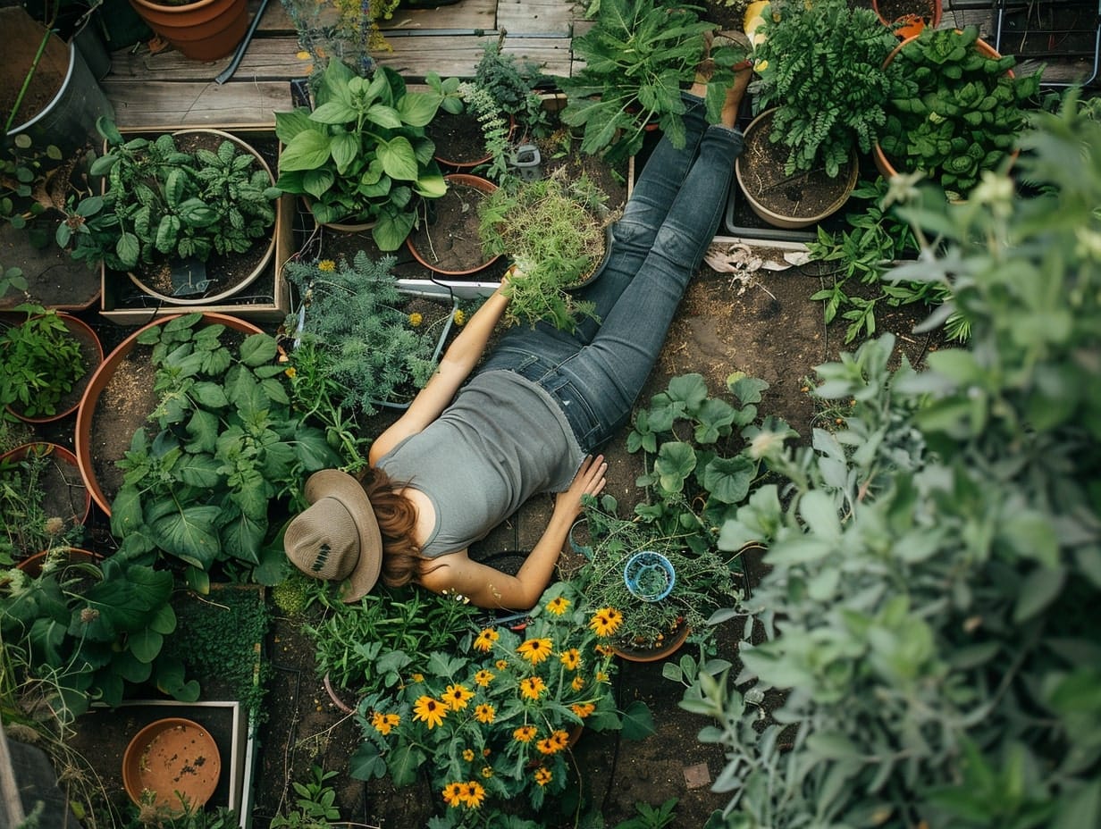 A girl lying in the middle of her garden and not paying attention to her plants