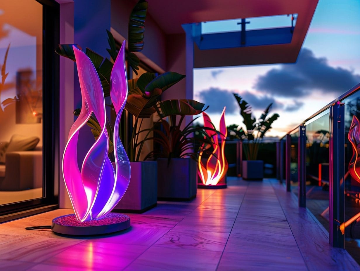 Colorful LED sculptures decorating a balcony