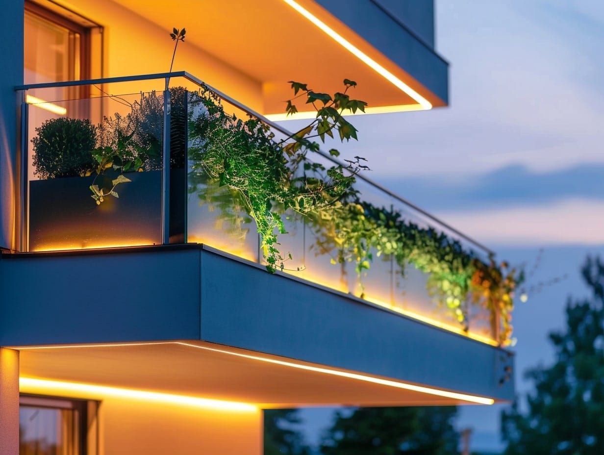 LED strip lights illuminating balcony edges and ceiling