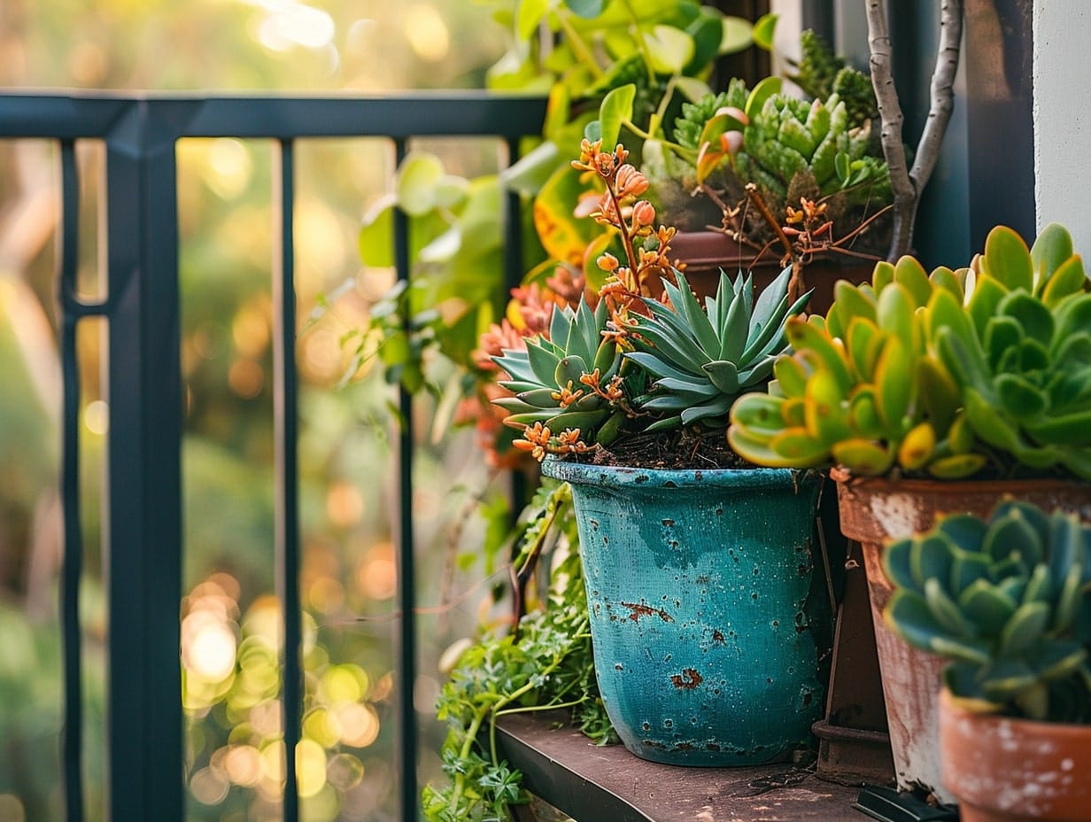 Succulents decorating a small balcony