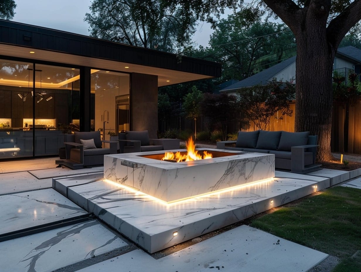 A luxurious marble fire pit in a backyard