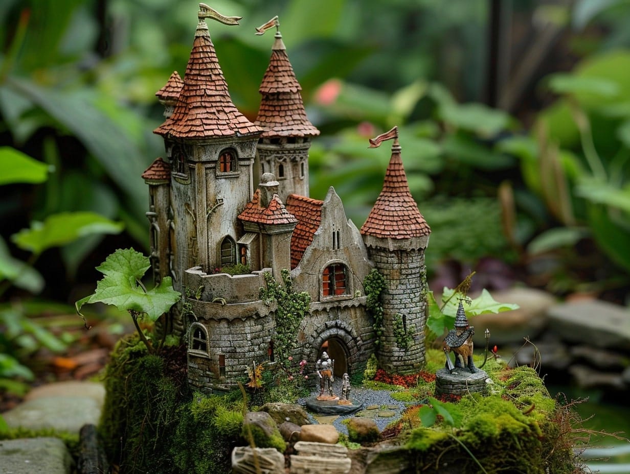 A fairy castle on a tiny mountain with miniature knights