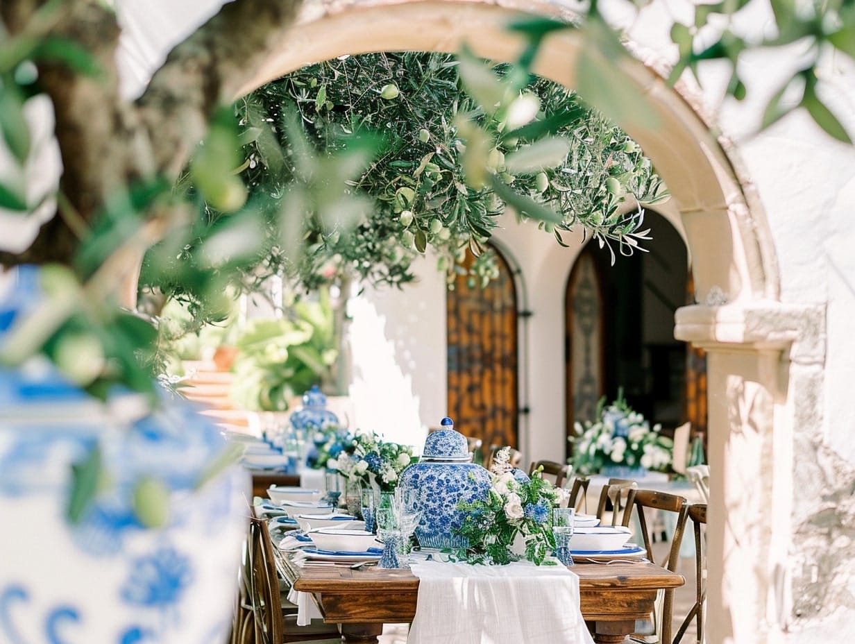 A Mediterranean garden wedding setup with terracotta tableware