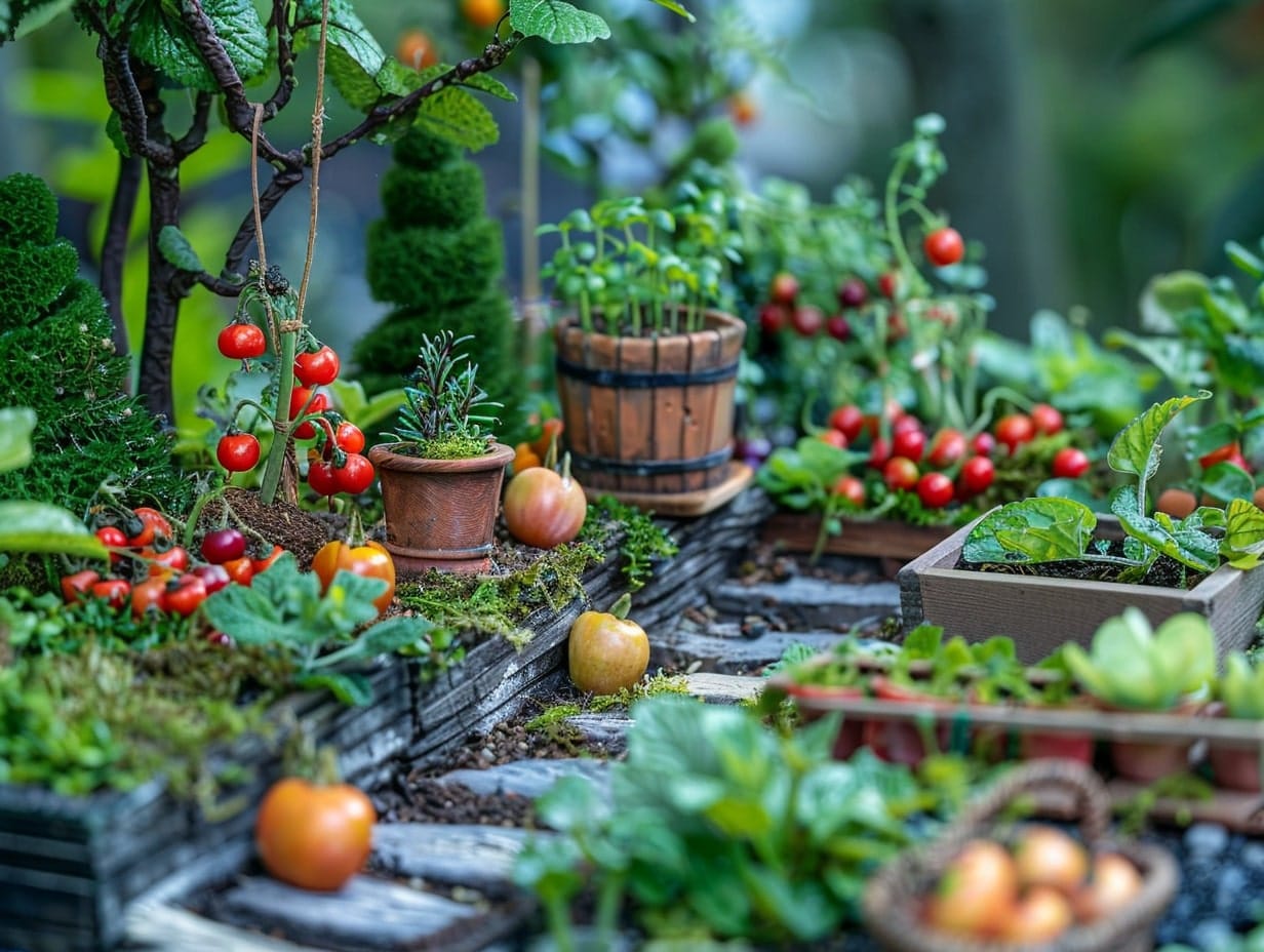 A miniature fairy kitchen garden with vegetables, fruits and herbs