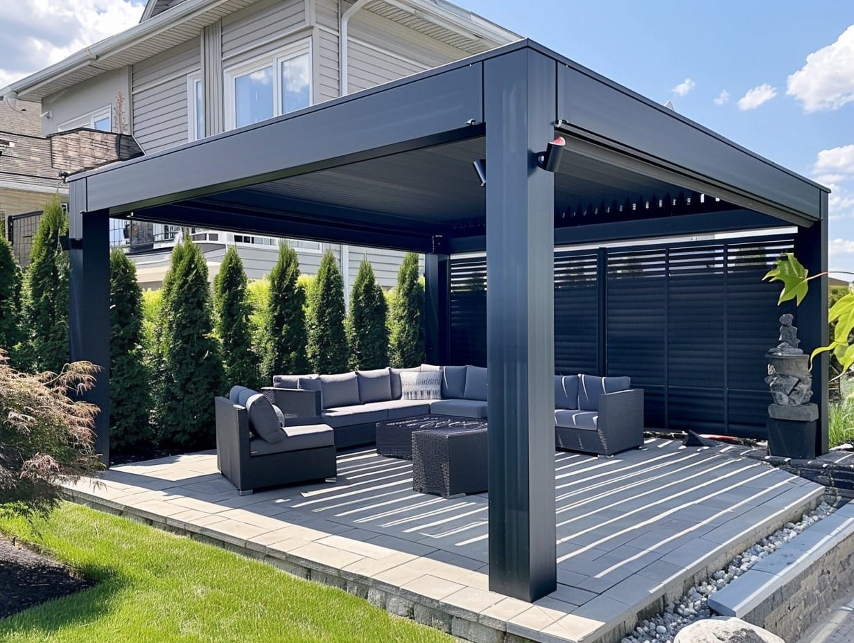 An aluminum pergola with louvers for shade