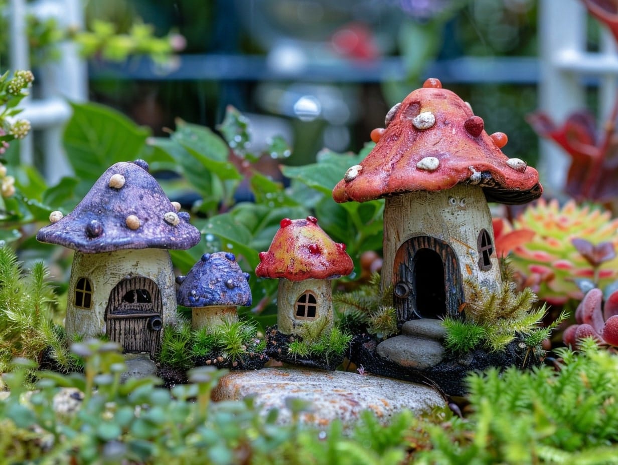 A small fairy garden with miniature mushroom homes