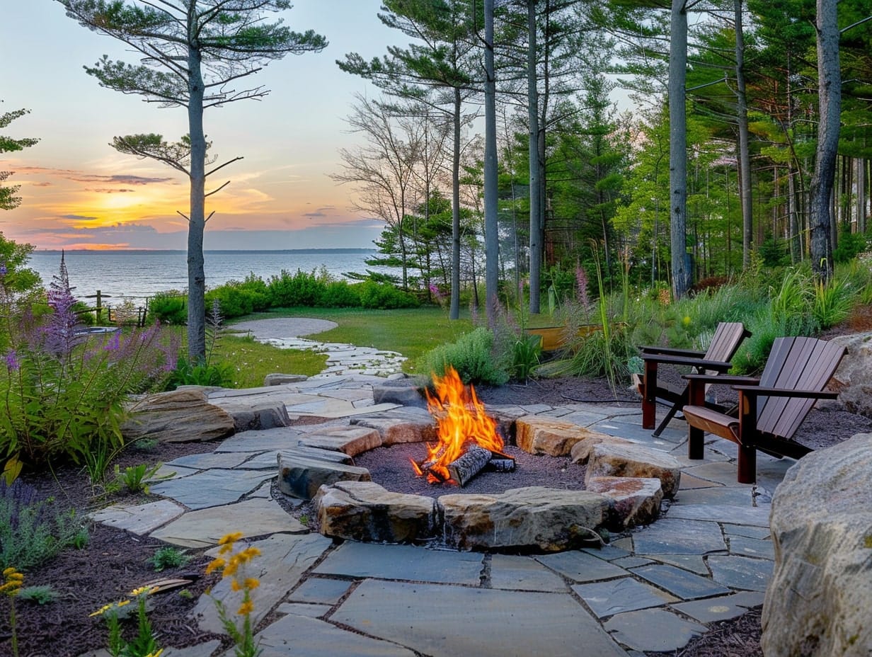 A natural fire pit in a beachside garden built using boulders