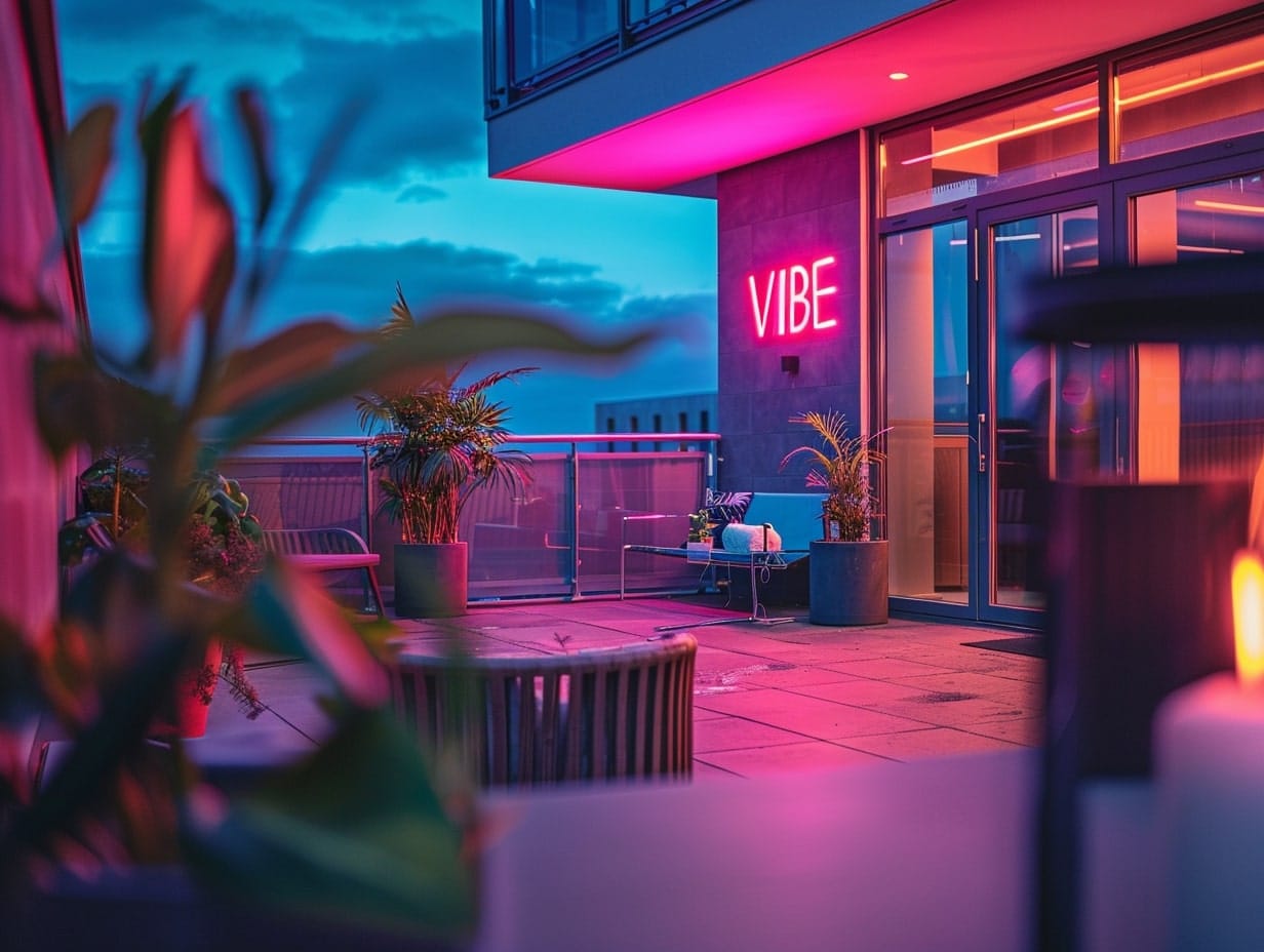A neon sign displaying the word "vibe" on a balcony wall
