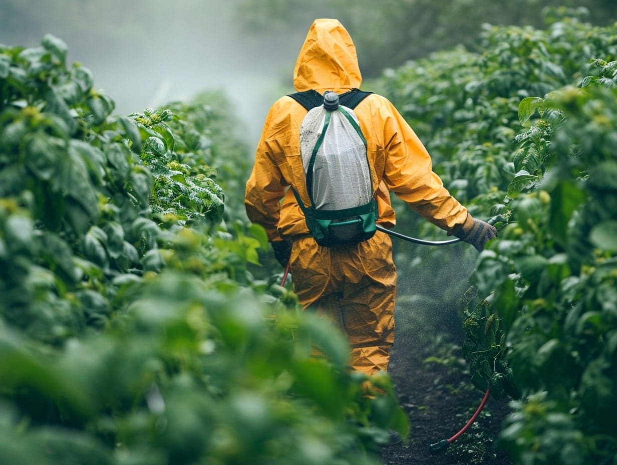 A gardener spraying pesticide on plants