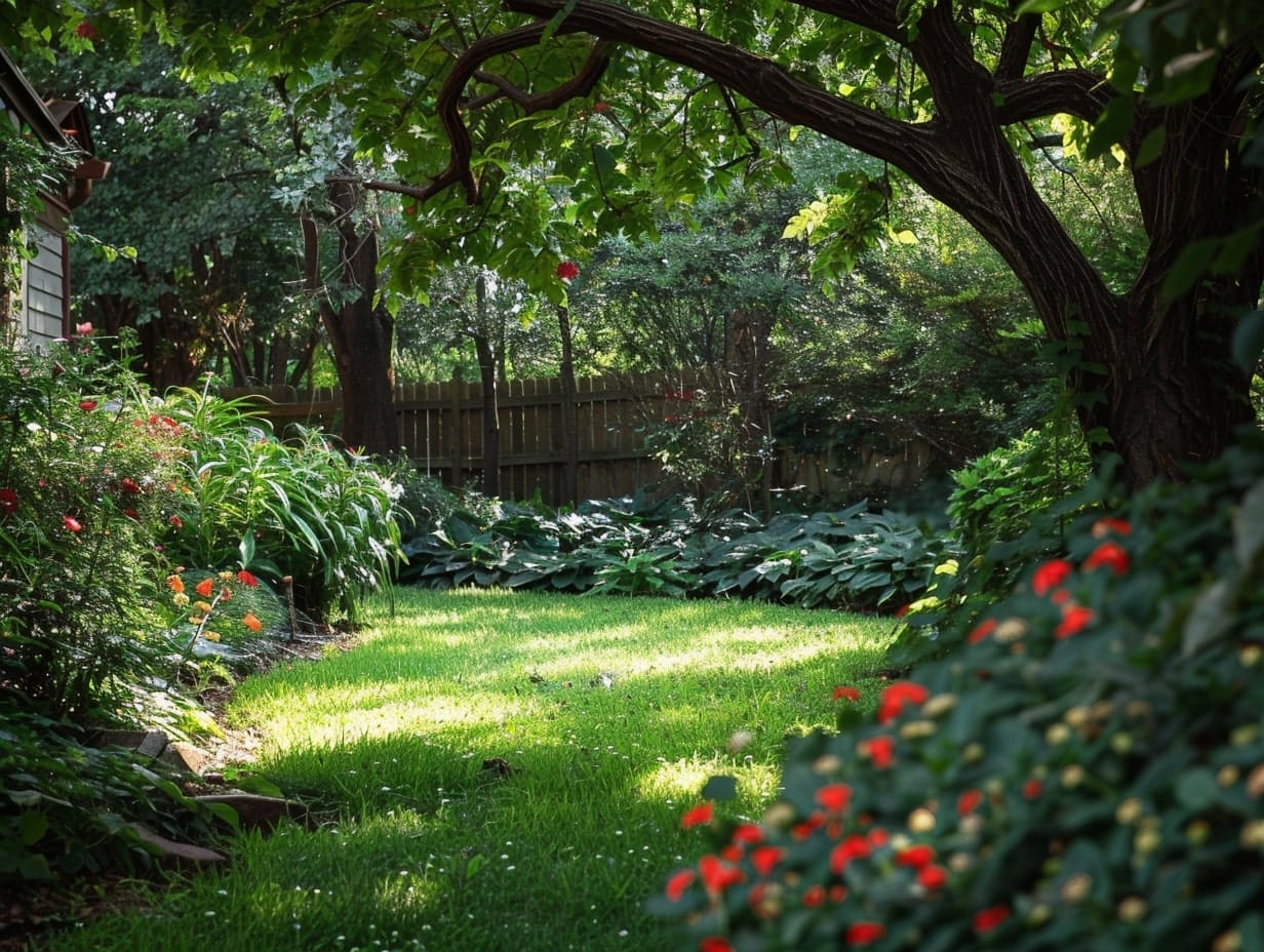 A beautiful sun-lit garden with plants and red flowers