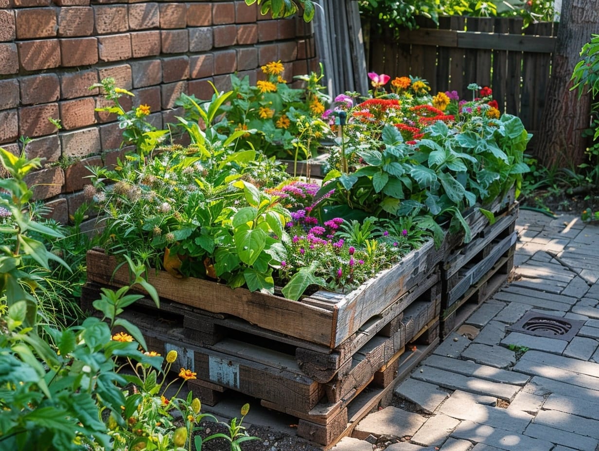 A variety of flowers and plants in a wooden pallets 