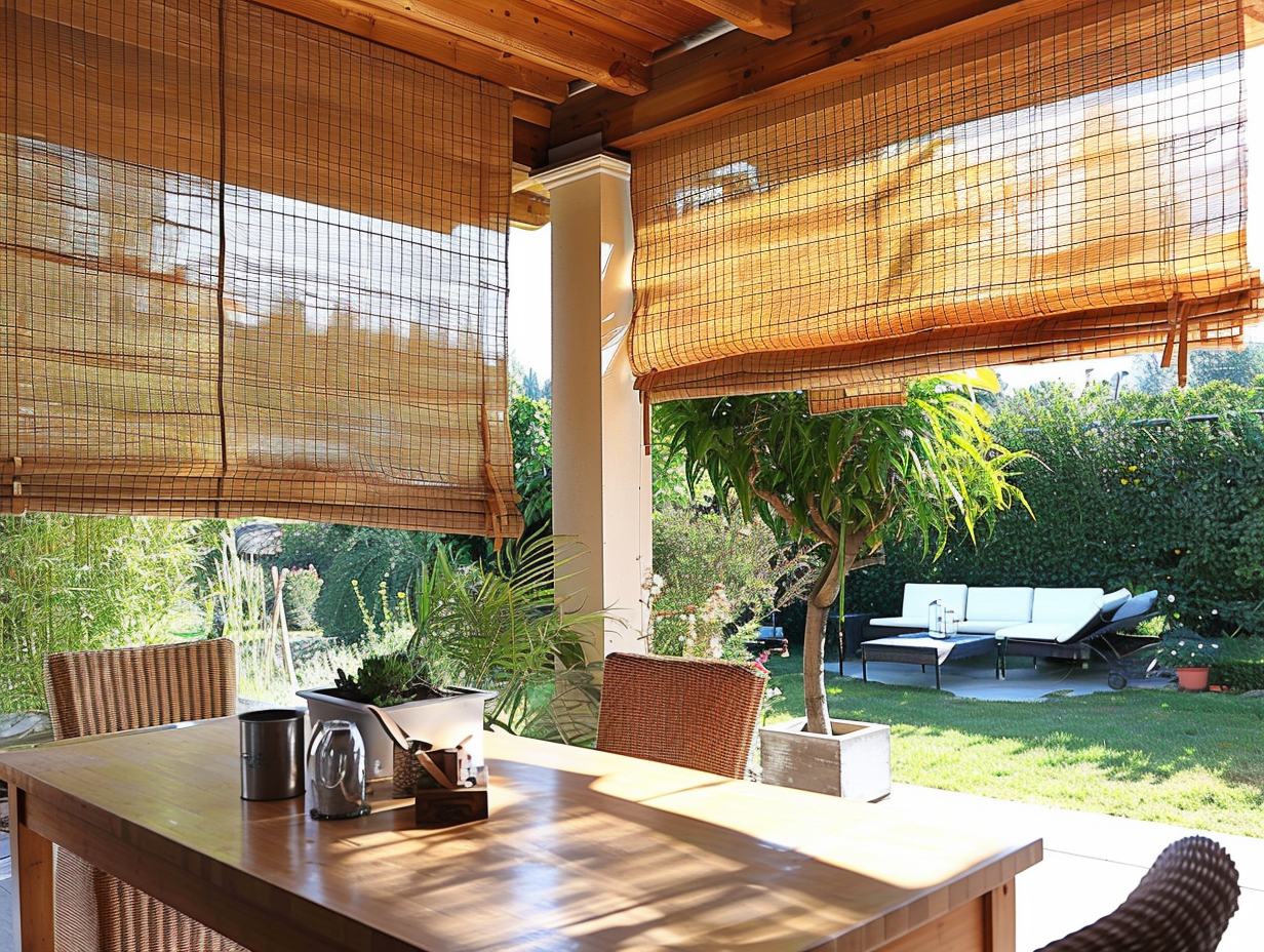 A patio dining area covered with bamboo shades for privacy