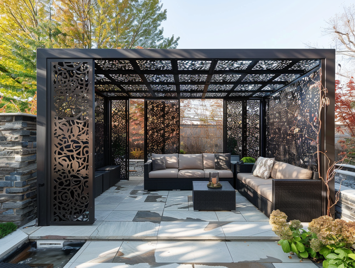 A patio space covered with geometric metal panels