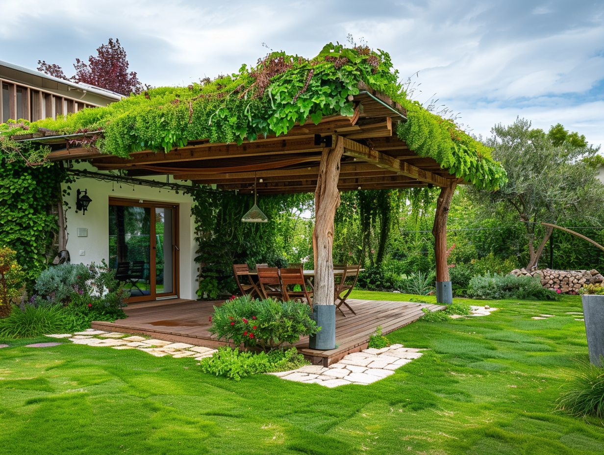 A pergola covered with green plants and flowers
