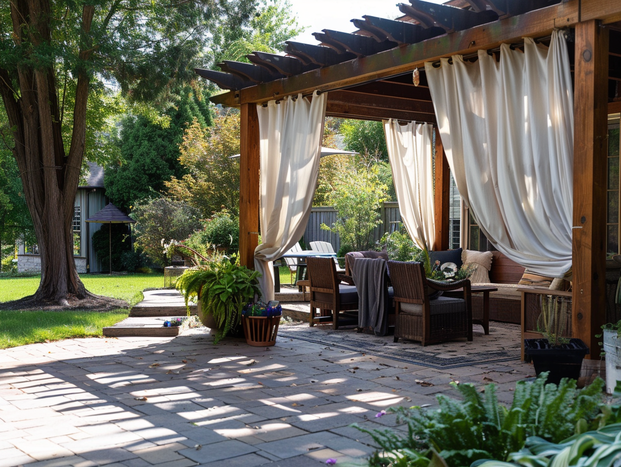 A patio space covered with outdoor curtains