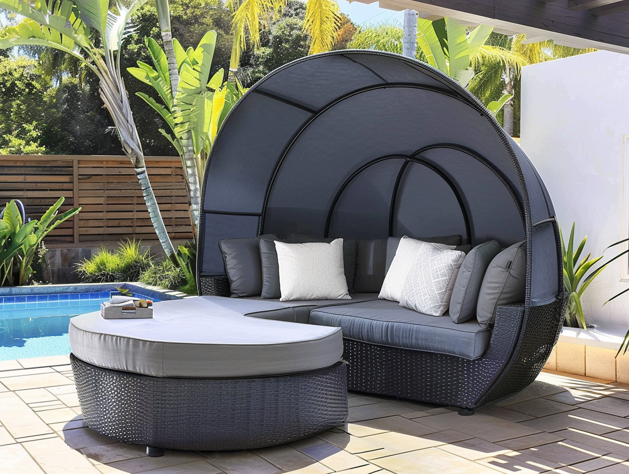 An outdoor daybed with shade placed in a patio for relaxation