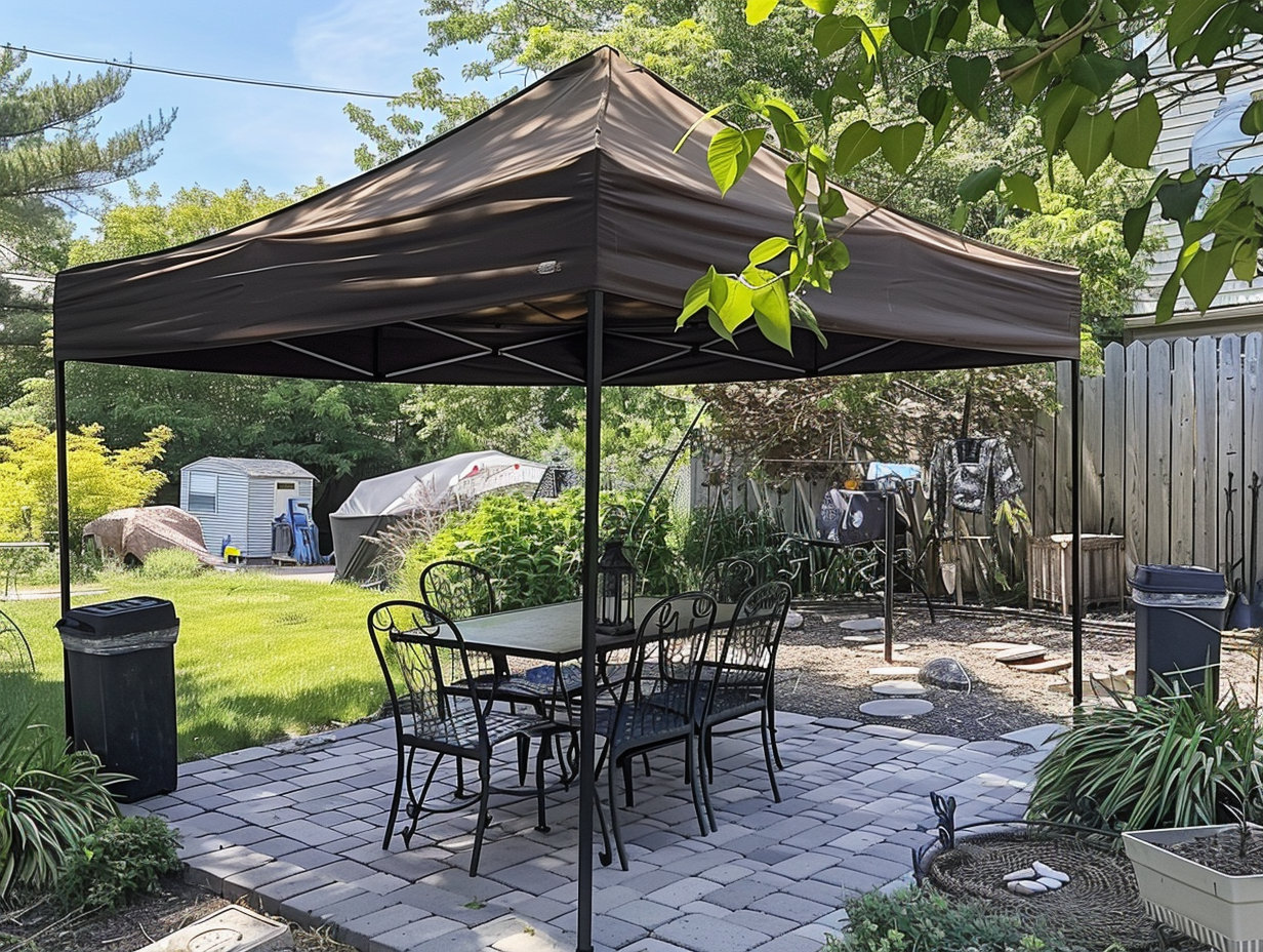 A patio seating area with a portable canopy