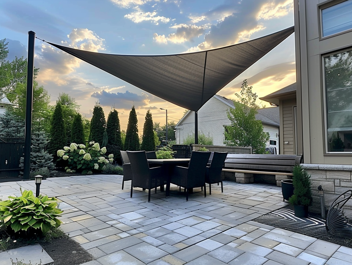 A patio area with shade sail above the seating area