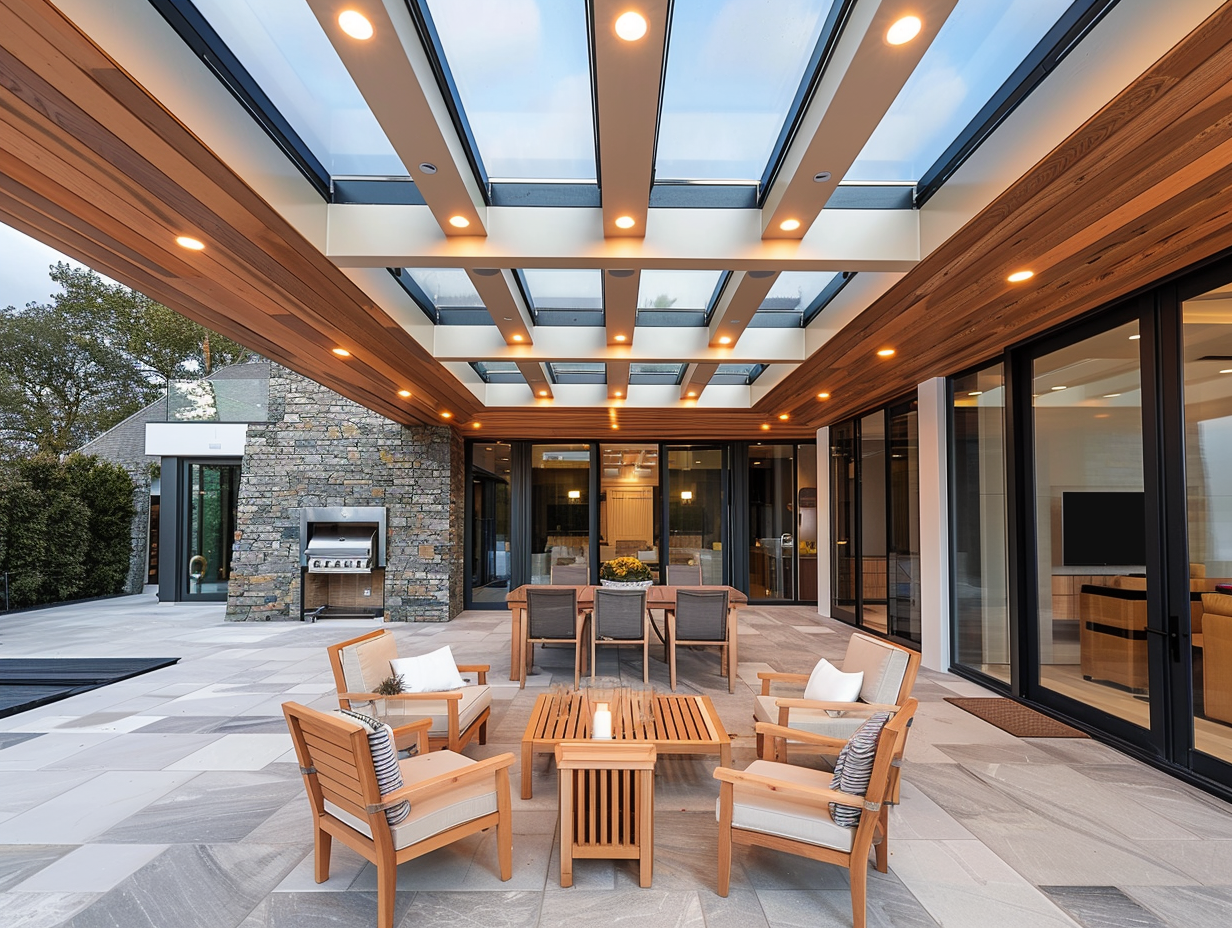 A patio covered with skylight shades