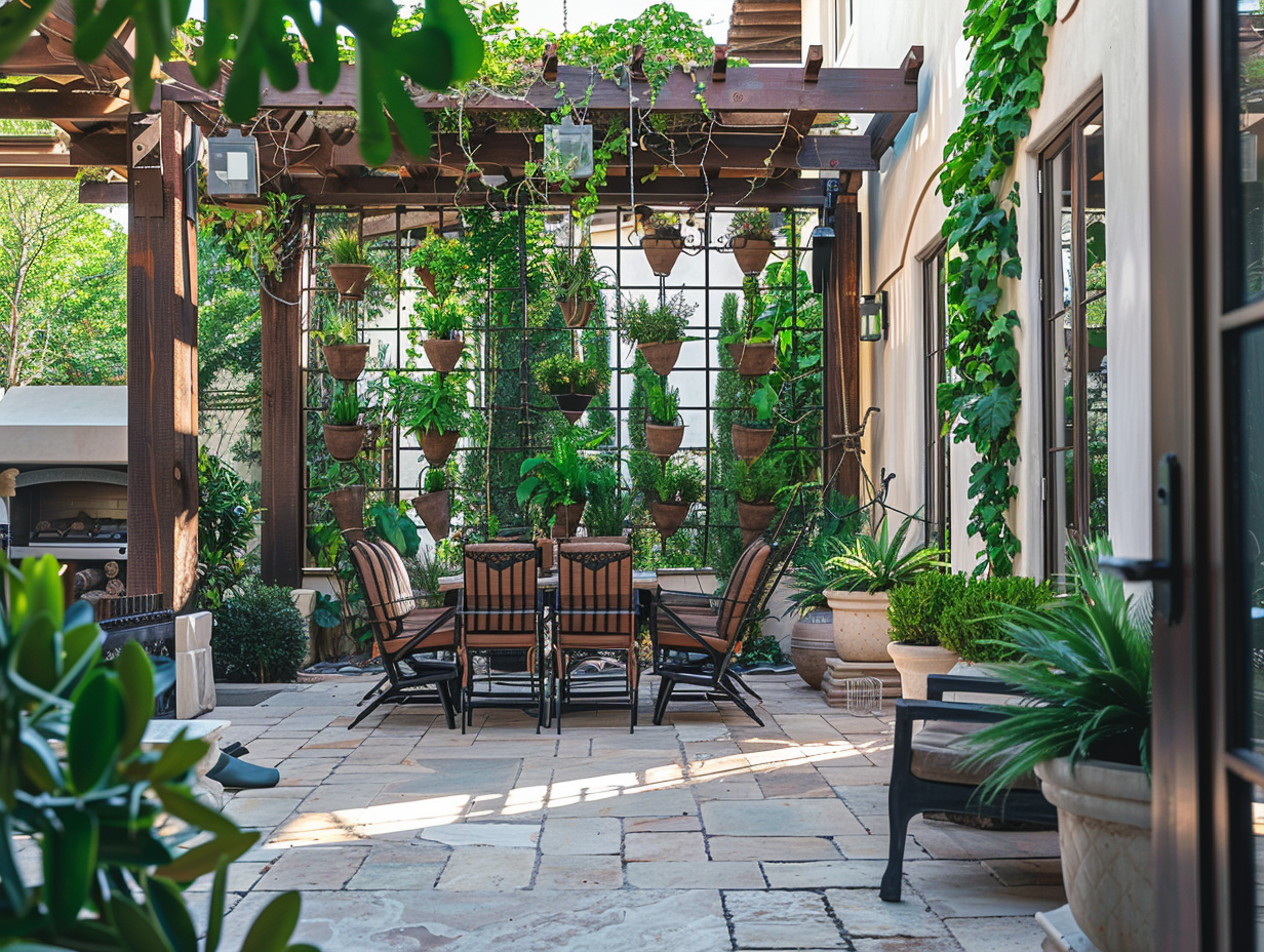 A patio covered with a trellis and hanging plants