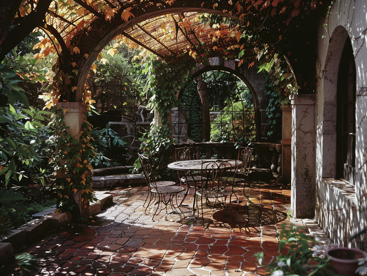 A patio's arches covered with vines