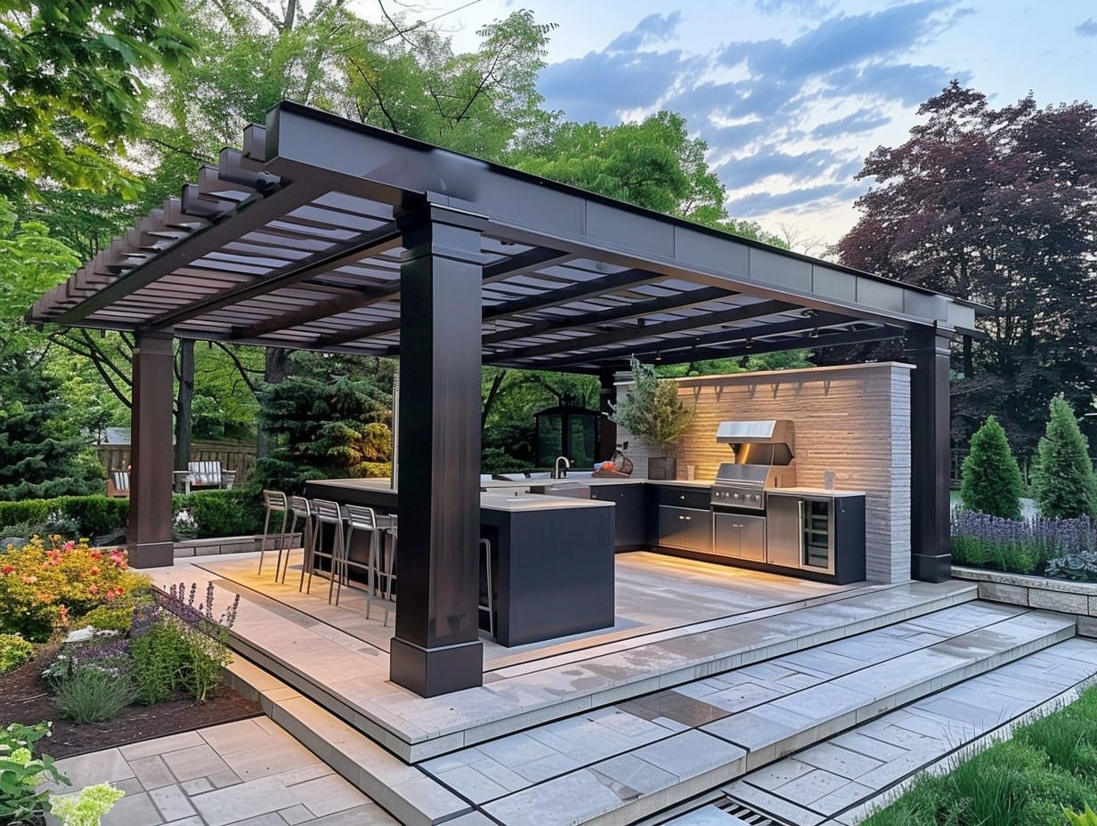 A pergola covering an outdoor kitchen and seatingm area