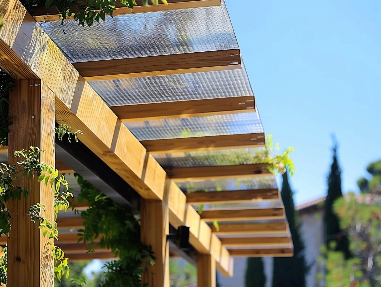 A pergola's roof covered with transparent polycarbonate 