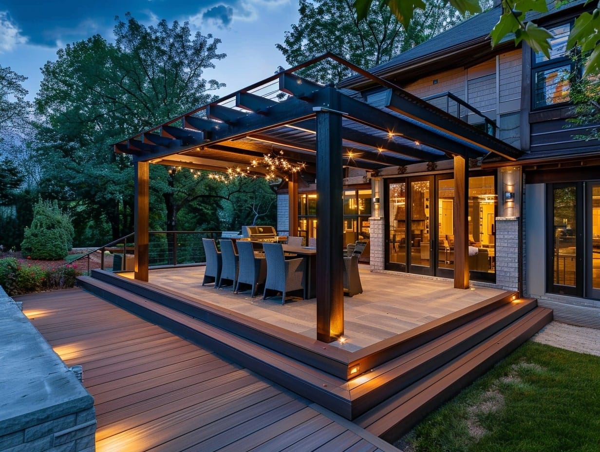 A wooden pergola integrated into the design of a deck