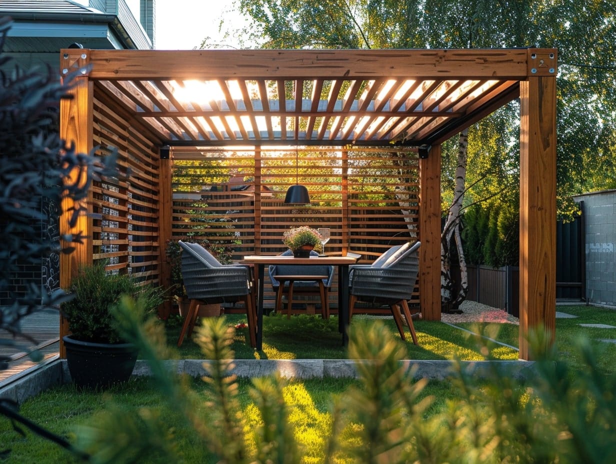 A wooden pergola covering a two-seater table setup