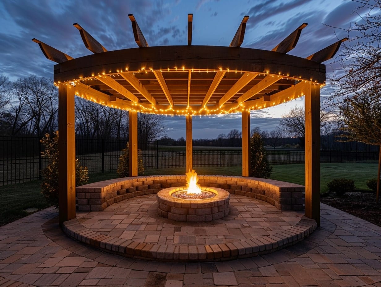 A pergola with a fire pit and built-in benches underneath it