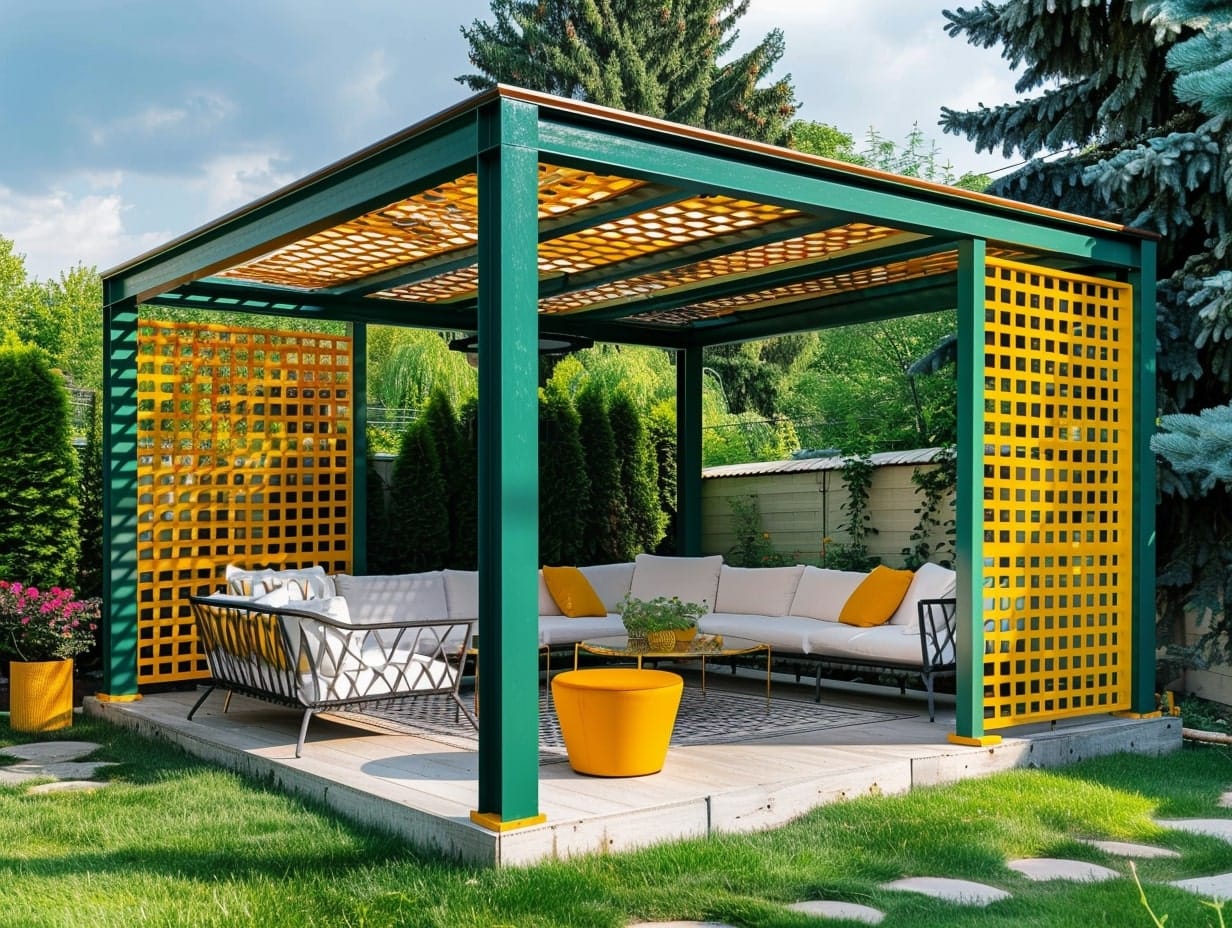 A pergola painted with vibrant colors