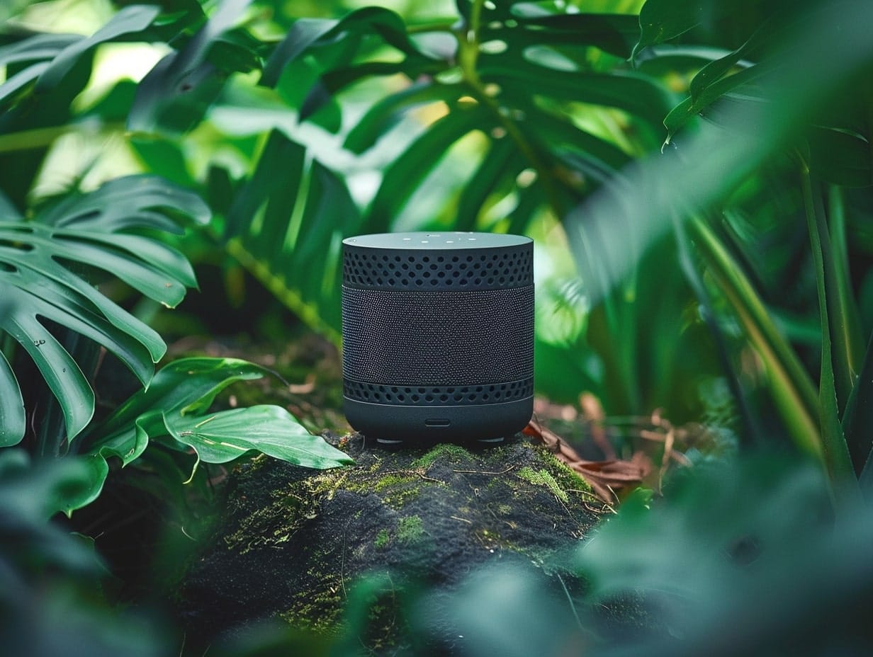 A speaker installed amid garden plants