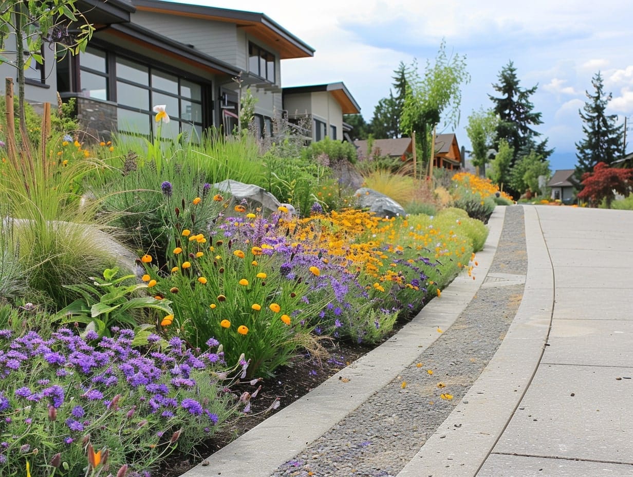 A driveway landscape with different pollinator-friendly plants