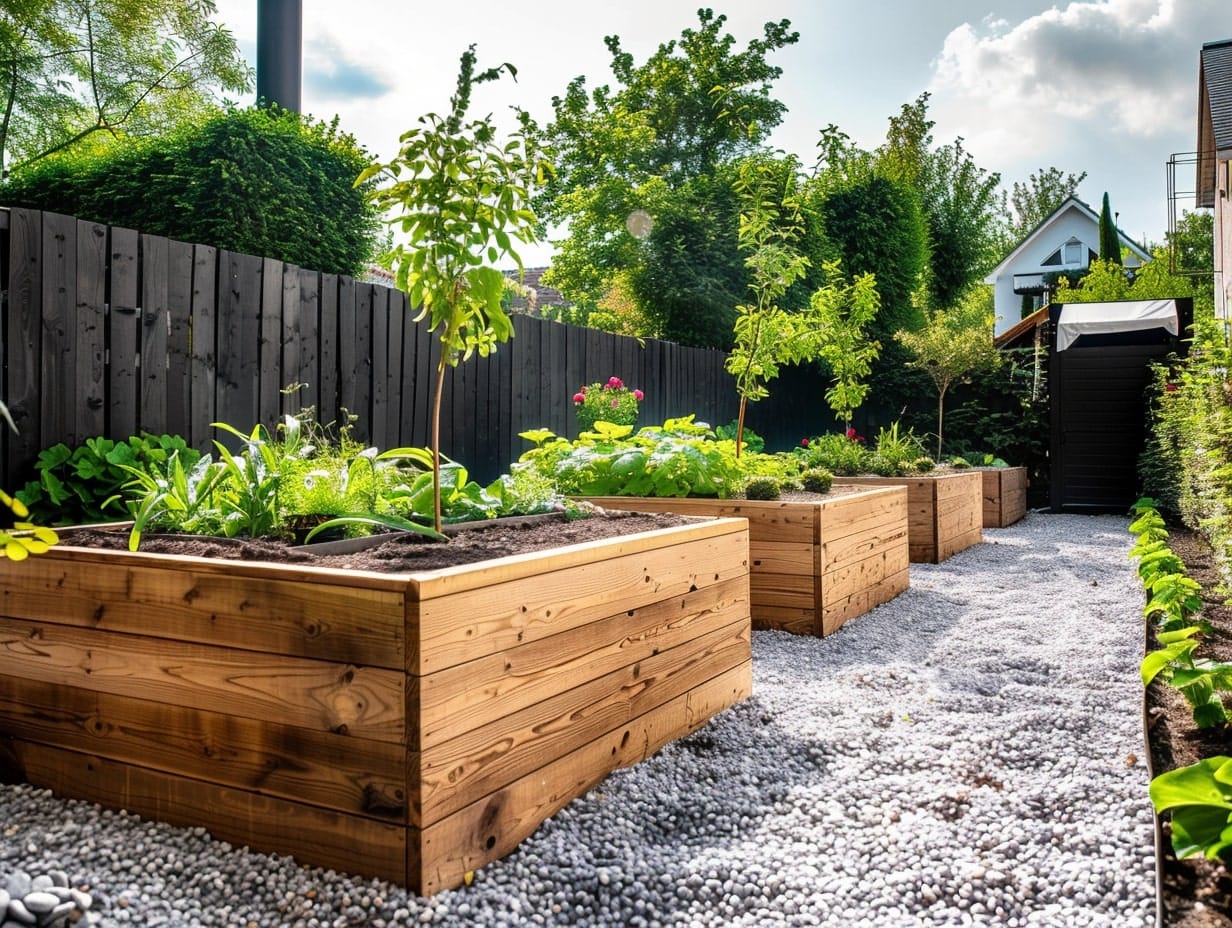 Multiple container gardens placed in a backyard