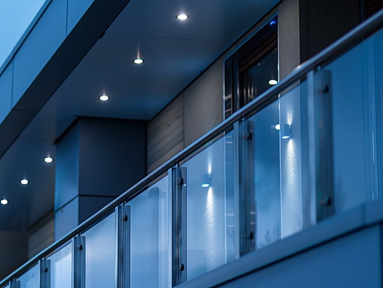 Cool white LED lights integrated into a balcony's ceiling