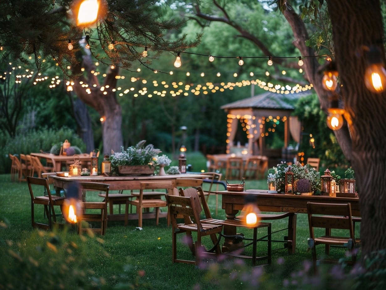 A rustic wedding setup with wooden furniture and natural elements