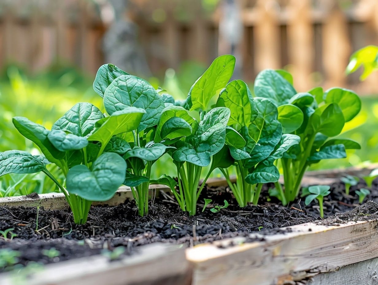Spinach plants growing in a boxed garden