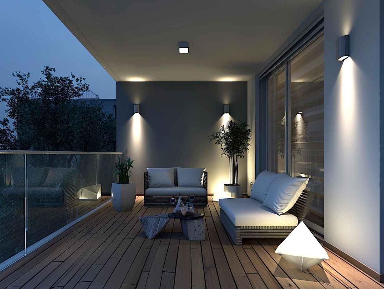 LED spotlights accentuating the wall texture in a balcony