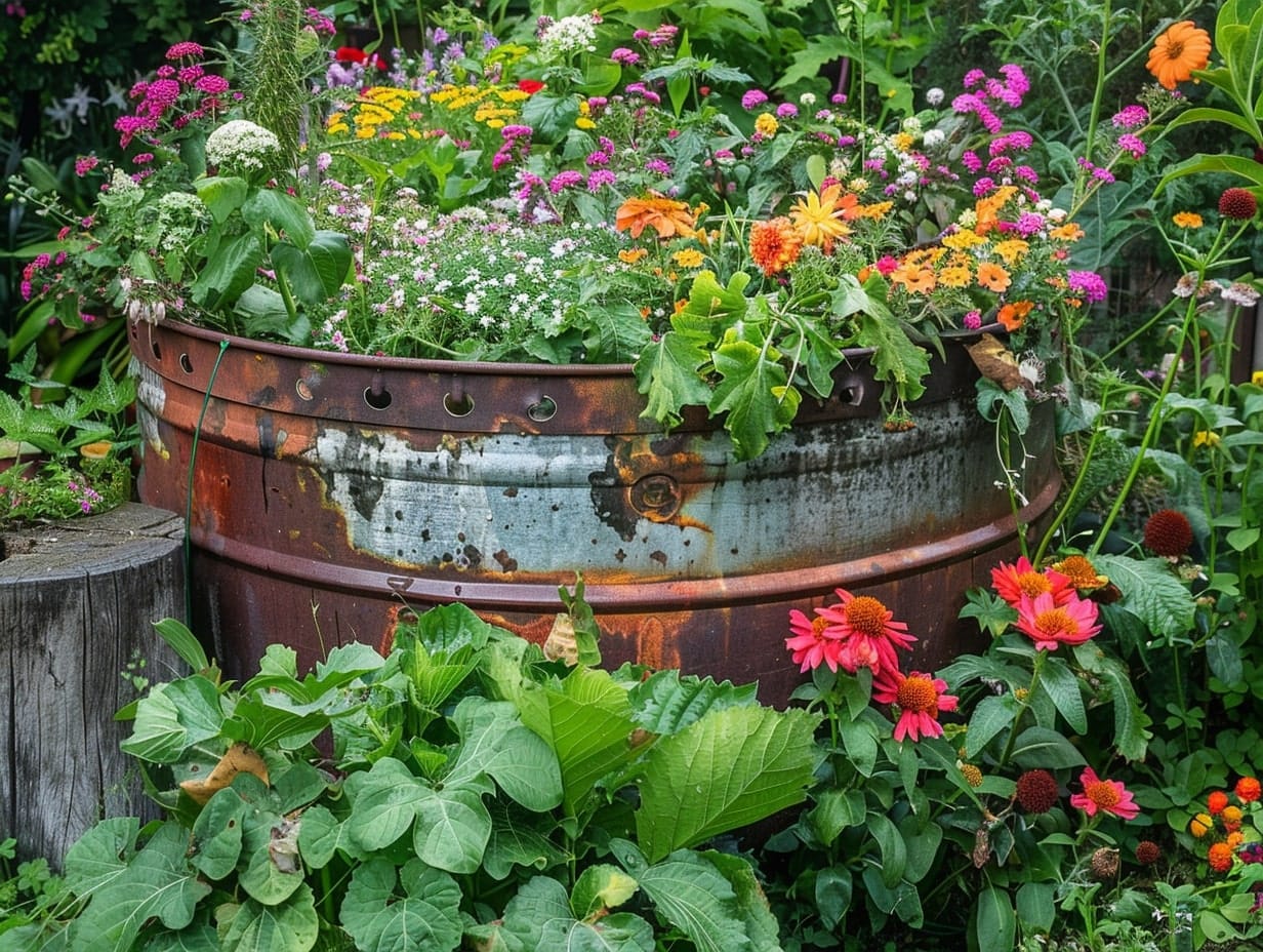 A beautiful and vibrant garden in an old stock tank