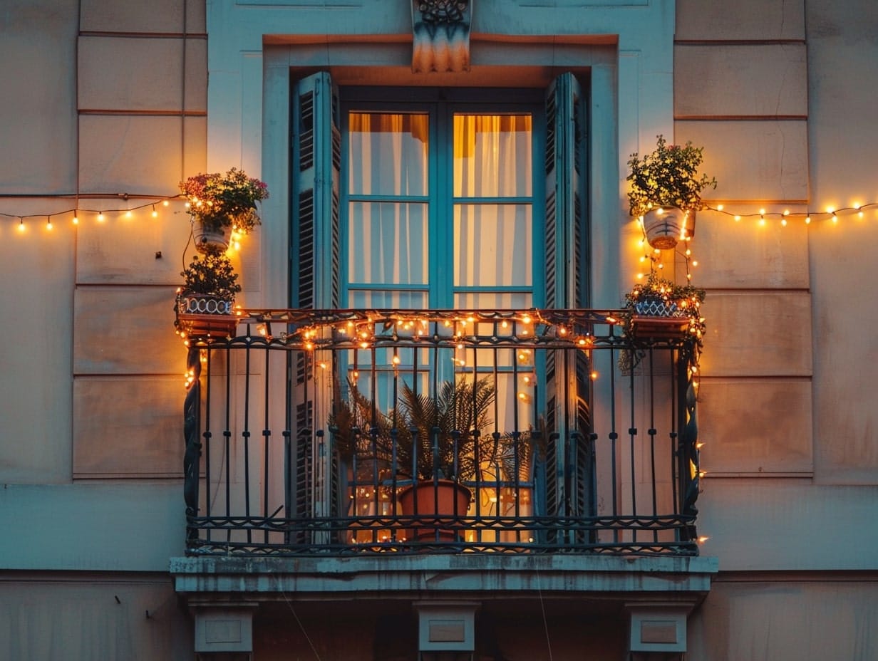 String lights wrapped on the balcony grills