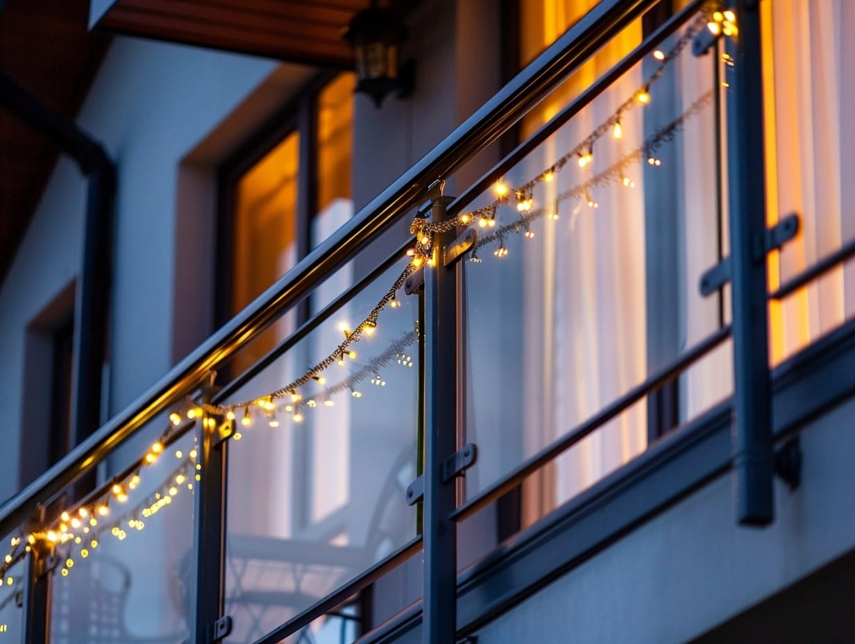 String lights hanging from a balcony's railing